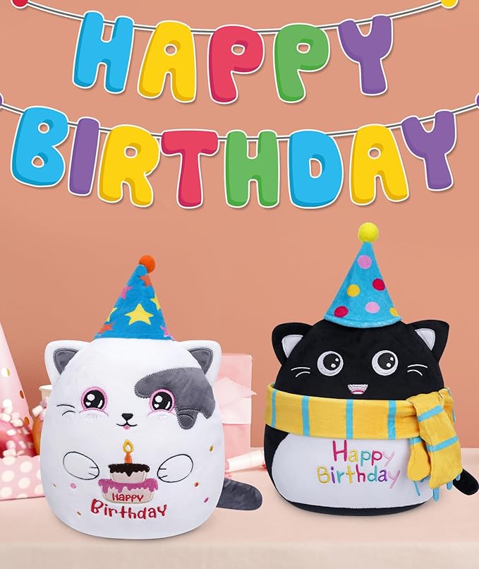 Stuffed Cat Birthday Plush Gift - Adorable Black Cat Stuffed Doll, Cute Birthday Hat and Scarf, Soft Huggable for Kids, Cute Decor, 8 Inch