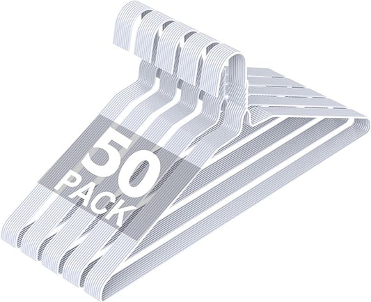 Wire Metal Clothes Hangers Bulk 50 Pack for Standard Size Suits, Coats, Shirts, Pants, Skirts, Space Saving, Non Slip,16 Inch 12 Gauge Ultra Thin, White