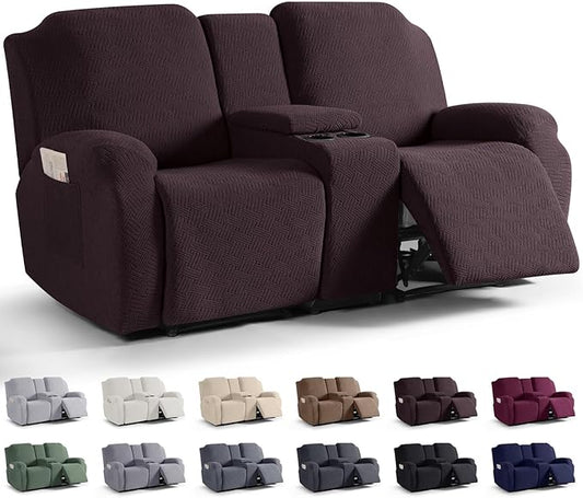 KinCam Loveseat Recliner Covers with Middle Console Slipcover, Recliner Sofa Covers 2 Seat Couch Cover Stripe Jacquard Furniture Protector Covers with Elastic Bottom for Kids, Pets (Chocolate)