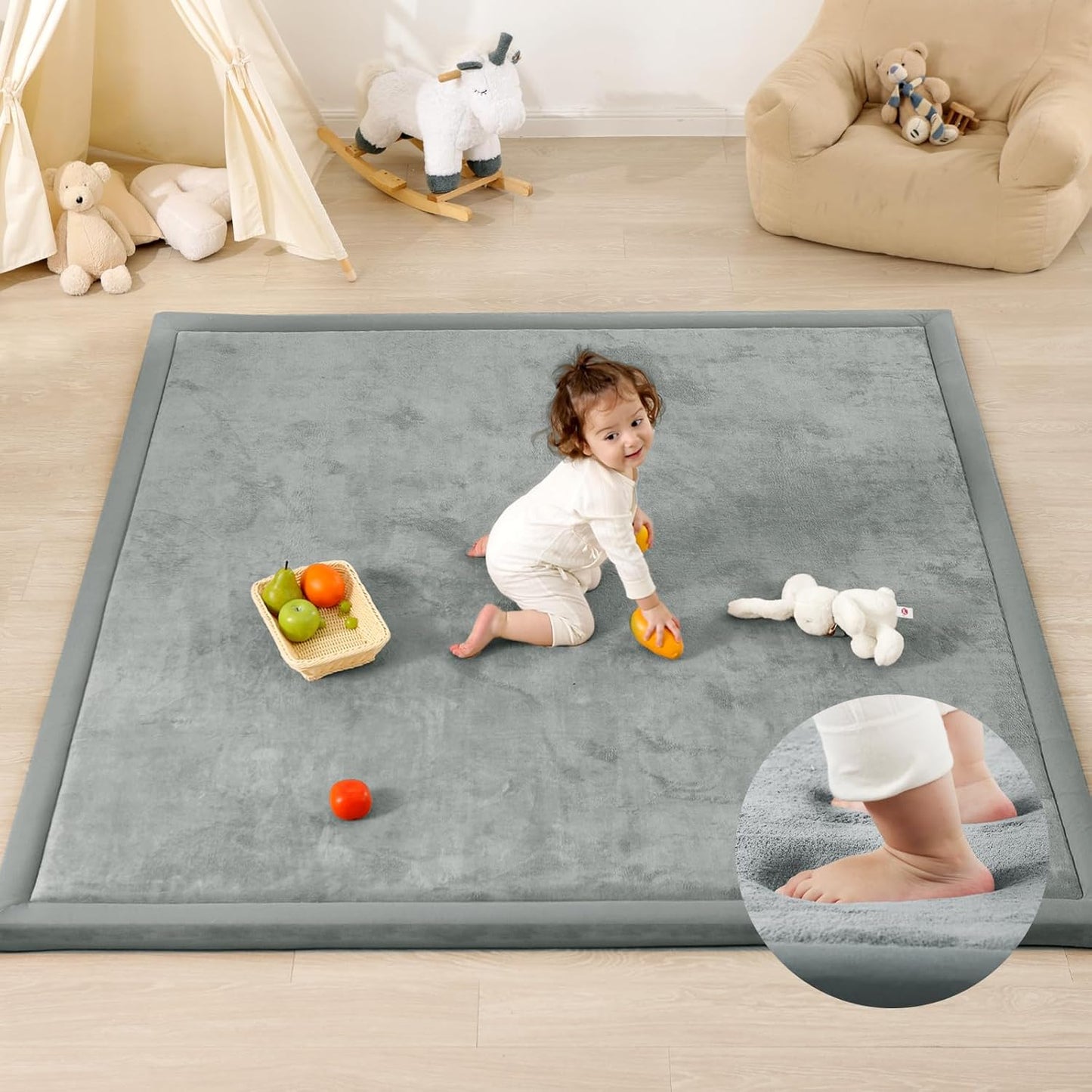 1.3" Thick Baby Play Mat,Ultra Soft Elasti-Foam 50×50 Playpen Mat for Tummy Time,Water-Repellent Coral Fleece Nursery Rug for Infants,Toddlers,Kids,Non-Slip Safe for Crawling(Light Grey)