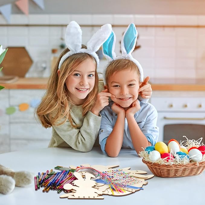 Fennoral 24 Pack Bunny Wind Chime Kit for Kids Make You Own Easter Rabbit Wind Chimes DIY Coloring Wooden Easter Craft for Girls Boys for Easter Hanging Ornaments Easter Party Decoration