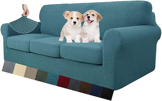 MAXIJIN 4 Piece Jacquard Extra Large Couch Covers for 3 Cushion Couch Super Stretch Non Slip Couch Cover for Dogs Pet Friendly Sofa Slipcover Furniture Protector (Oversized Sofa, Peacock Blue)