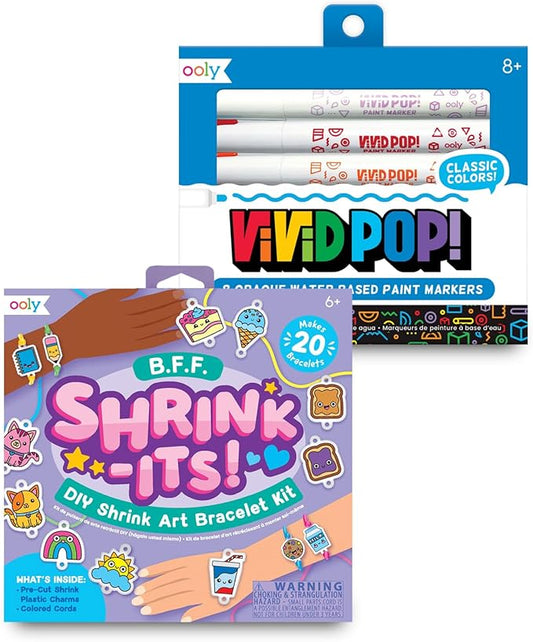 Ooly Shrink-Its DIY Shrinking Art BFF Bracelets & Vivid Pop Marker Kit, 20 Pre Cut Shrinking Charms & 4 Cords, 8 Water Based Paint Markers for Kids in Classic Colors