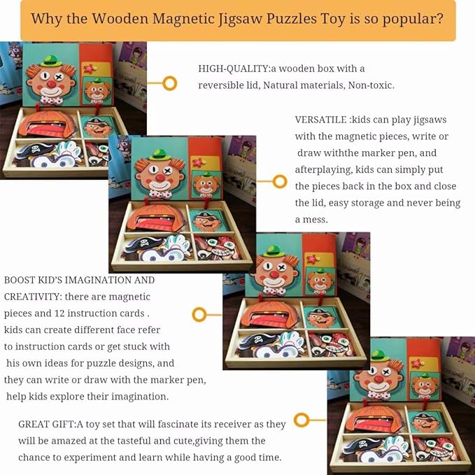 Wooden Magnetic Jigsaw Puzzles Toy, Toddler Craft Toys Educational Travel Puzzle Games Double Sided Drawing Easel for Boys and Girls