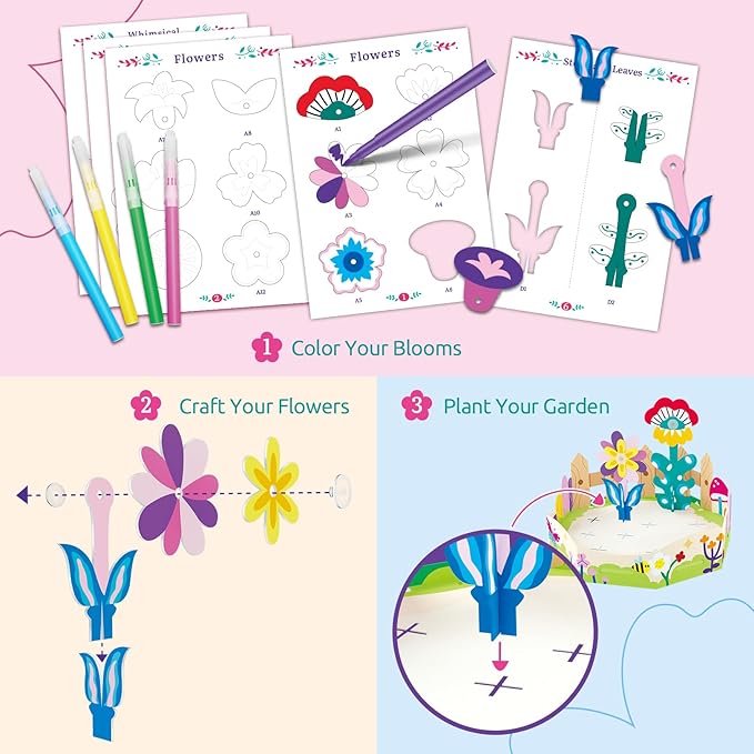 Drama Planet Arts and Crafts for Kids, Color and Design Your Dream Flower Garden, Flowers Building Kit, Painting Set, Assemble Personalized Flowers, Perfect DIY Gift for Girls and Boys