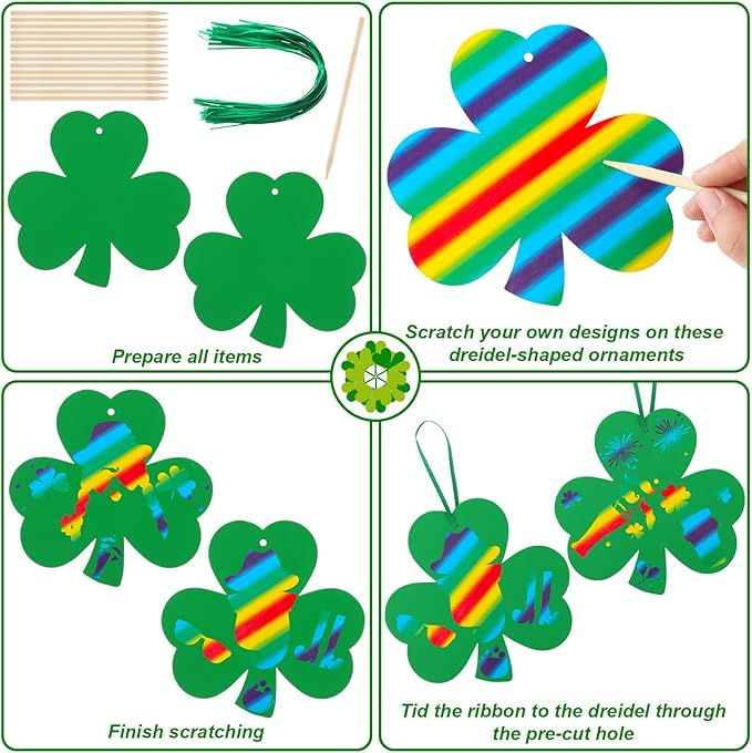 Liliful 60 Set St. Patrick's Day Crafts for Kids Shamrocks Colorful Scratch with 30 Wooden Scratch Tools Green Shamrocks Hanging Craft Art Kit for Kids Gifts St. Patrick's Day Party School Favors