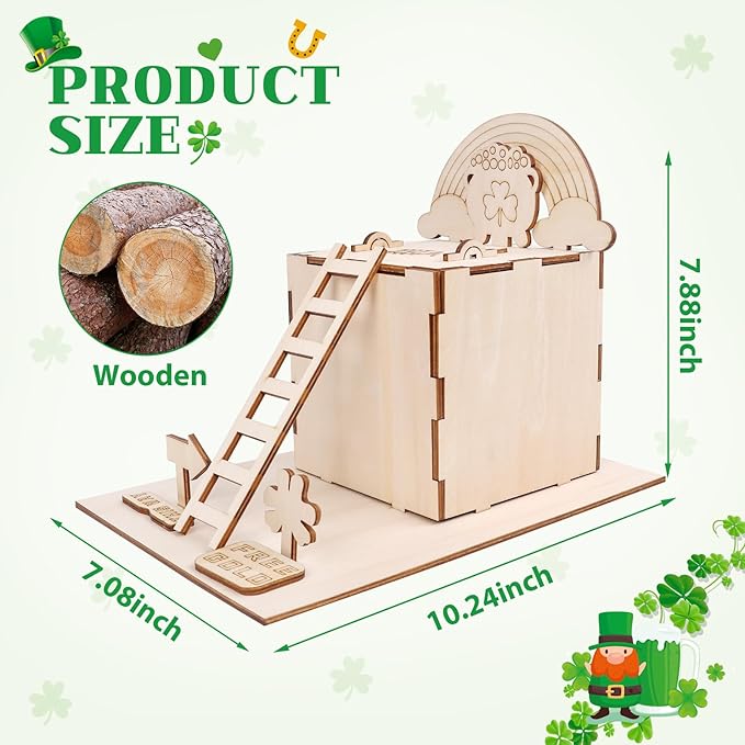 RGJ St Patrick's Day Leprechaun Trap Kit for Kids, Wooden DIY Leprechaun Trap Craft Kit to Catch A Leprechaun, St Patrick's Day Decorations for Kids Party Supplies (Unfinished Painted)