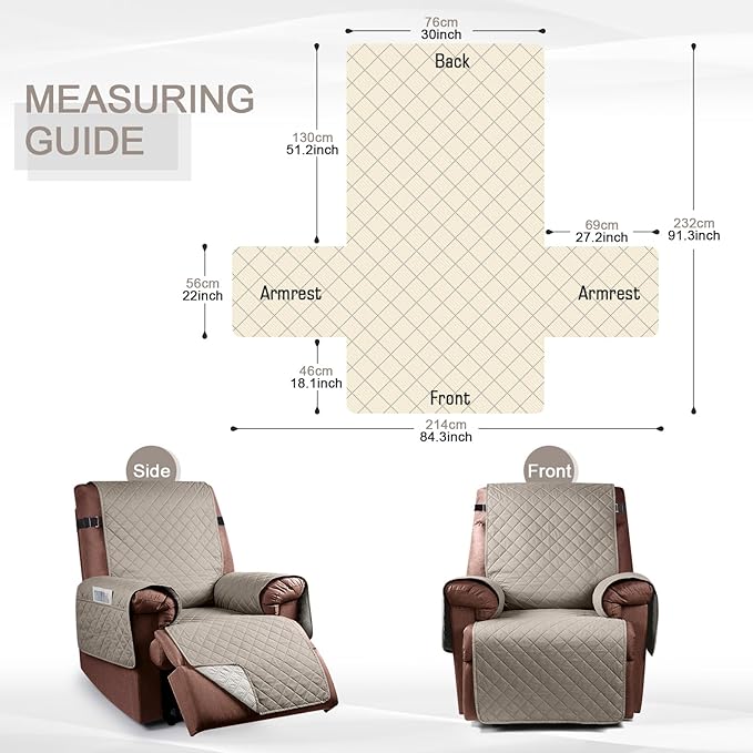 KinCam 100% Waterproof Recliner Chair Cover, Reclining Couch Covers for Pets, Dogs, Recliner Couch Slipcover Furniture Protector with Elastic Straps for Kids(30", Khaki)