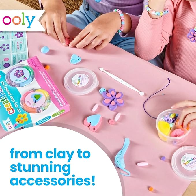 Ooly Creatibles Air Dry Clay Jewelry Kit for Kids, DIY Art Jewelry Making Kit with 6 Clay Colors, Beads, Shaping Tool, and Elastic Yarn, Non-Toxic Craft Supplies for Kids Ages 6 and Up