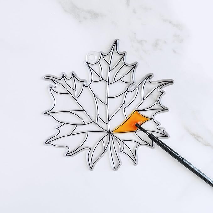 Winlyn 24 Sets Fall Leaf Suncatchers Ornaments DIY Window Paint Art Fall Craft Kits Maple Leaf Sun Catchers Painting Kits for Kids Classroom Activities Art Project Thanksgiving Autumn Party Decoration