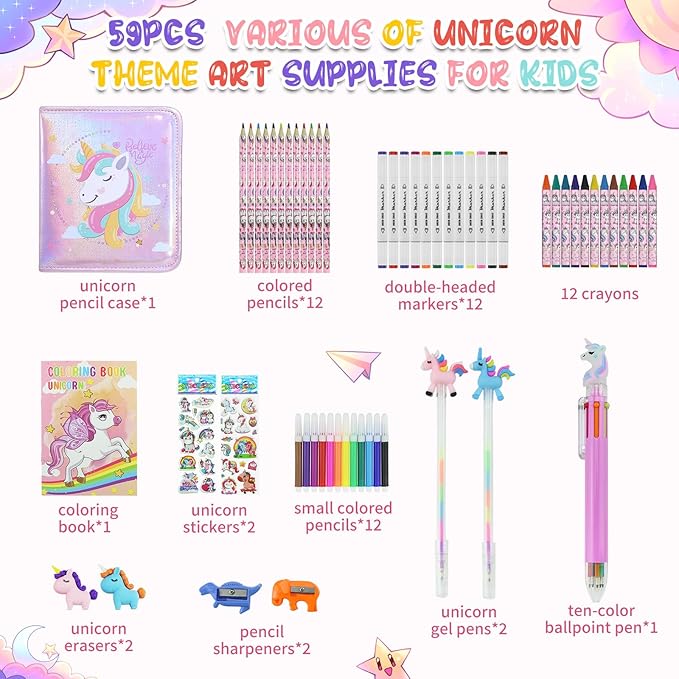 JAMIEWIN Markers Set with Glitter Unicorn Pencil Case, 59 Pcs Art and Craft Supplies Kit for Kids, Unicorn Gifts for Girls 4-9 Year Old for Christmas Birthday