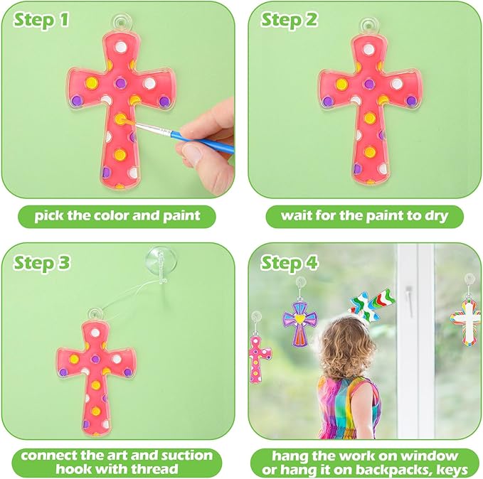 Poen 28 Sets Religious Cross Suncatchers Kits for Kids Ornaments Crafts Flip Flop Window Paint Art DIY Decor for Sunday School VBS Classroom Activities Holiday Party