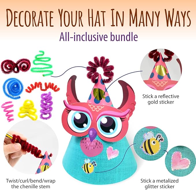 Woodland Themed Christmas Party Hats Making Kit c/w Chenille Stems & Stickers. Group Activities, DIY Art Craft Home Project. Birthday, Easter & Fiesta Decoration for Kid
