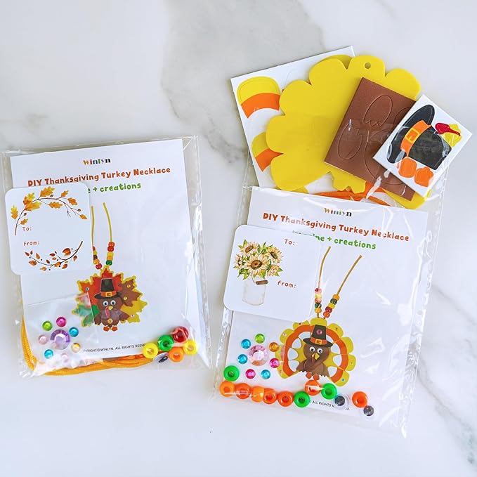 Winlyn 24 Sets Fall Craft Kits DIY Thanksgiving Turkey Necklaces Art Sets Autumn Maple Leaves Turkey Feathers Foam Thanksgiving Stickers for Kids Harvest Home Classroom Activities Party Favors
