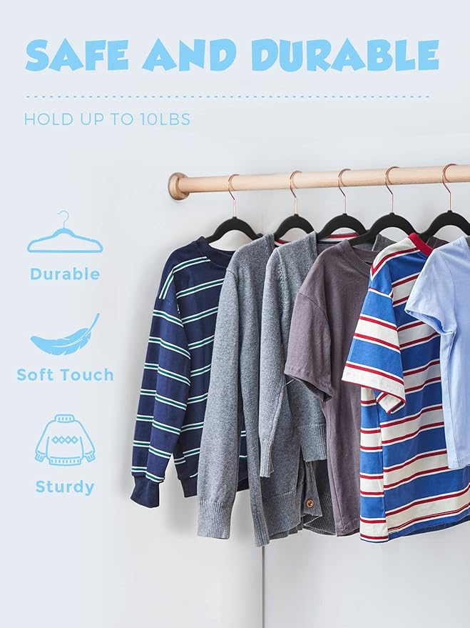 Smartor Kids Velvet Hangers 50 Pack, 14'' Inch Premium Non Slip Kids Felt Hangers for Closet, Space Saving Toddler Clothes Hanger for Youth's Childrens' Clothes (Rose Gold Hook)- White