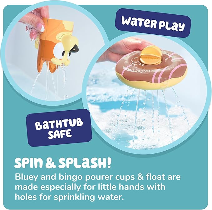 TOMY Toomies Splash & Float Bingo and Bluey Water Toys - 2-in-1 Toddler Water Toys with Pour Cup and Water Wheel Toy - Toddler Bath Toys and Bluey Toys - Ages 18 Months and Up