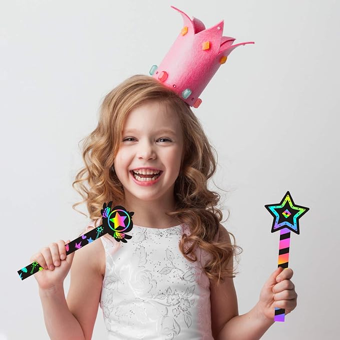 WATINC 30Pcs Fairy Stick Scratch Paper Art Set for Girls Birthday Party, Colorful DIY Craft Kit for Princess Party Favors, Fairy Wand Supplies, Fun Home Activities, Birthday Gifts for Kids