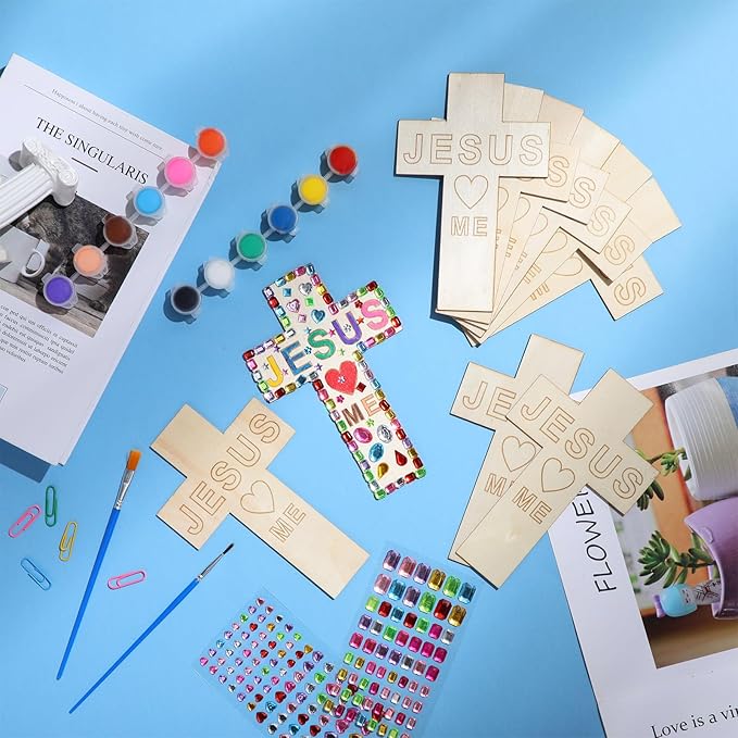PullCrease Easter DIY Wood Cross Crafts for Kids Religious Craft Kit Sunday School Vacation Bible School Supplies 24 Pack Wooden Cross with Stickers 1 Set Paint(Classic Style)