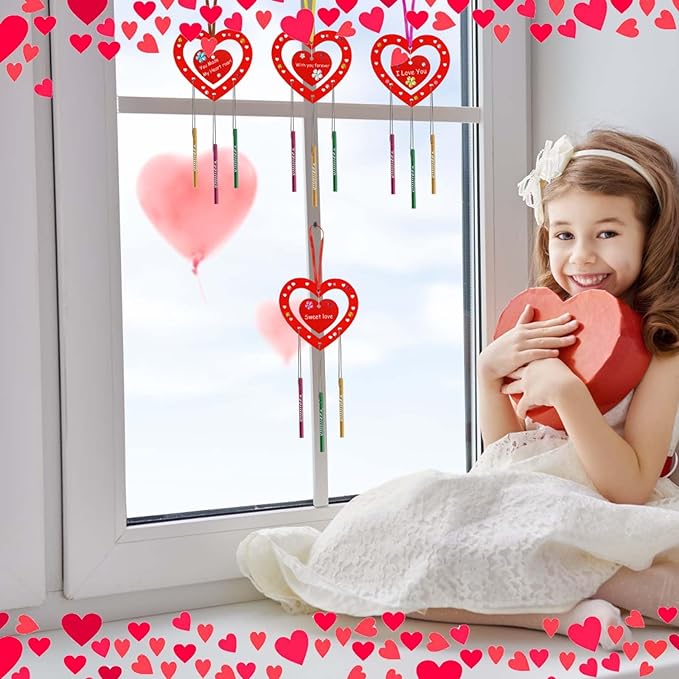 Fennoral 27 Pack Heart Wind Chime Kit for Kids Make You Own Red Heart Wind Chimes Mother's Day Wooden Ornaments for Kids Art and Craft Party Decoration