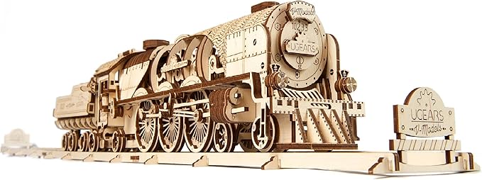 UGEARS 3D Puzzles for Adults - V-Express Steam Train with Tender Idea- 3D Wooden Puzzle Model Kits for Adults and Teens Building Kit Wooden Model Kits