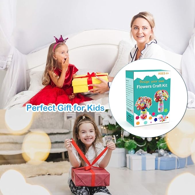 Crafts for Girls Ages 4-12 Gift Make Your Own Flower Bouquet with Buttons Felt Flowers, Valentines Day Gifts Vase Art and Craft for Kids- DIY Activity for Boys & Girls Age 6 7 8 9 10 11 12 Year Old