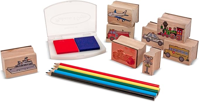 Melissa & Doug Wooden Stamp Set: Vehicles - 10 Stamps, 5 Colored Pencils, 2-Color Stamp Pad