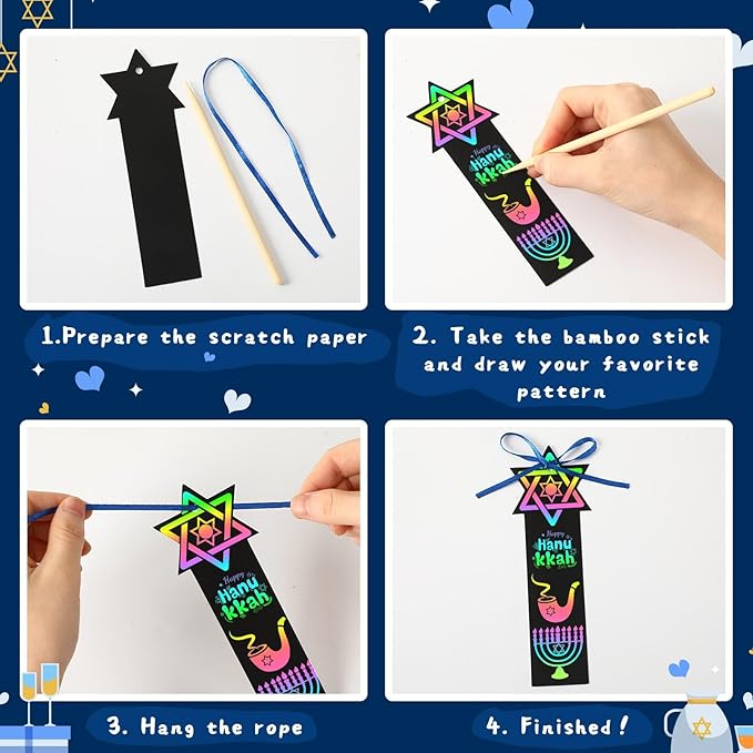 AUGSUN 96Pcs Hanukkah Crafts for Kids, Chanukah Magic Rainbow Scratch Art Bookmarks Hanukkah Gifts for Kids Home Classroom Activities Hanukkah Decorations Party Favors Games Hanging Ornaments