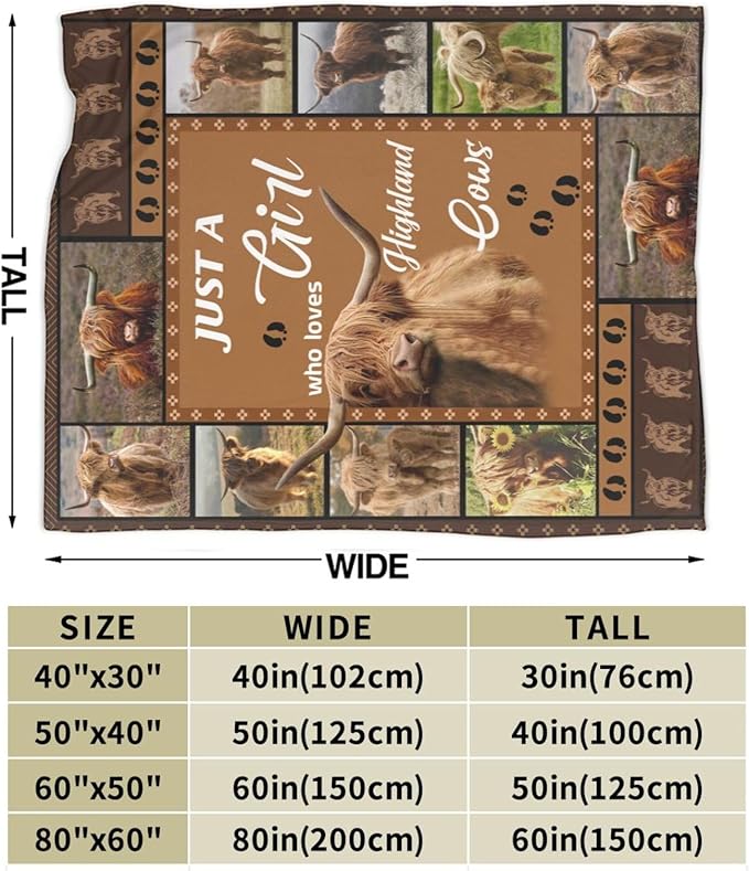 Just A Girl Who Loves Highland Cows Throw Blanket Cute Farm Cow Animal Plush Fleece Soft Cozy Cartoon Highland Cattle Gifts Blanket for Kids Girls Adults Couch Bed Chair Office Dorm Decor 40''X50''
