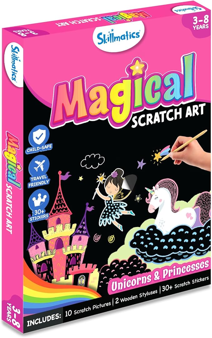 Skillmatics Magical Scratch Art Book for Kids - Unicorns & Princesses, Craft Kits & Supplies, DIY Activity & Stickers, Valentine's Day Gifts for Toddlers, Girls & Boys Ages 3, 4, 5, 6, 7, 8