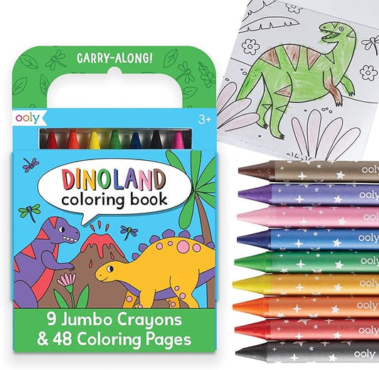 Ooly Travel Art Kit with 9 Jumbo Crayons & 48 Themed Coloring Pages & Case for Easy Traveling Art Creation, Perfect Airplane Travel Set to Entertain Kids - Dinoland