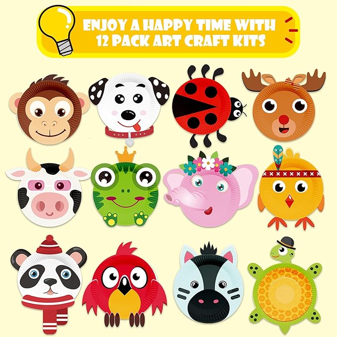 BAODLON Arts and Crafts Kits for Kids, 12 Pack Simple Crafts Animal Paper Plate Art Kit for 2 3 4 5 Year Old Toddler Boys Girls, DIY Kids Crafts for Preschool Classroom Activity/Birthday/Party Game