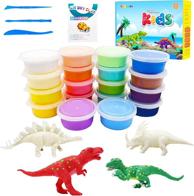 Dinosaurs Air Dry Clay Kit with 4 Dino Skeletons, 18 Colors Modeling Magic Clay with Sculpting Tools, Soft & Ultra Light, Arts and Crafts Gift for Boys & Girls Age 3-12 Year Old