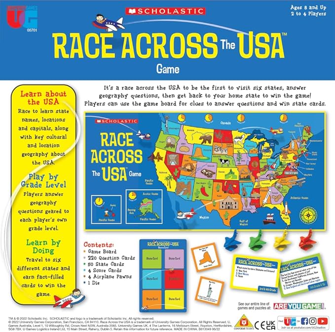 University Games, Scholastic Race Across the USA Board Game , Geography Learning Game for Kids and Families, for 2 to 4 Players Ages 8 and Up