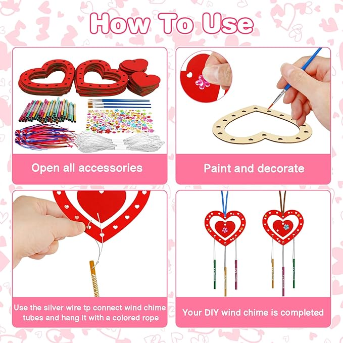 Fennoral 27 Pack Heart Wind Chime Kit for Kids Make You Own Red Heart Wind Chimes Mother's Day Wooden Ornaments for Kids Art and Craft Party Decoration