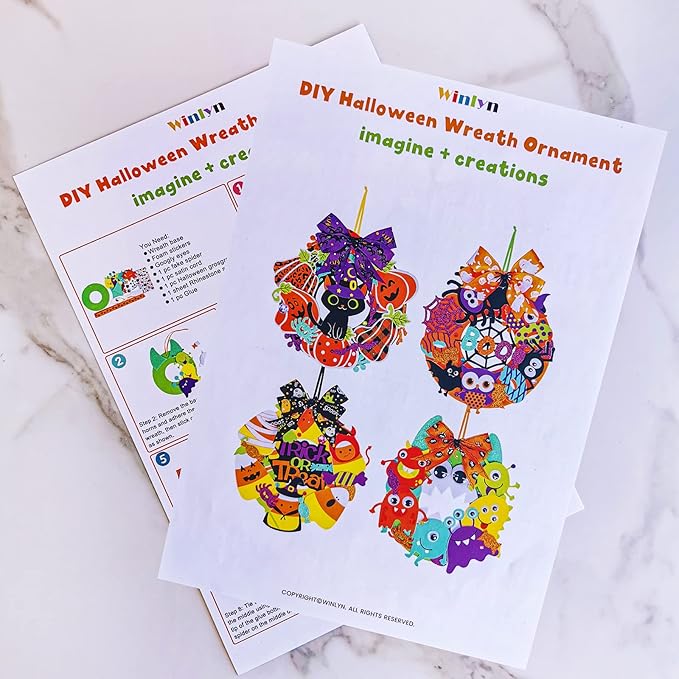 Winlyn 12 Sets Halloween Craft Kits Fall Crafts DIY Halloween Wreath Decorations Art Sets Pumpkin Monster Candy Corn Spider Bat Arts and Crafts Halloween Foam Stickers for Kids Classroom Activities