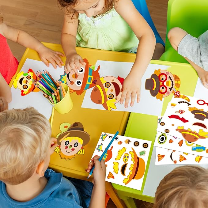 chiazllta 30 Pcs Thanksgiving Fall Craft for Kids Kindergarten DIY Scarecrow Craft Kits Fall Autumn Art Craft Make Your Own Scarecrow Head Set for Home Class Game Activities Preschoolers