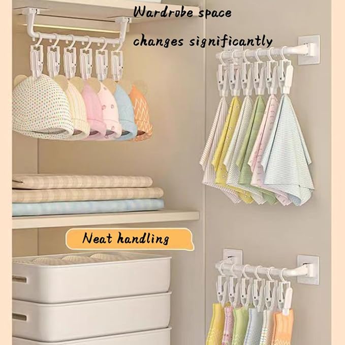 HGYZE Kid Pants Hanger Organizer with 10 Clips: Plastic Baseball Cap Display Holder, White Closet Rail Wall Mounted Door Rack for Drying Baby Socks, Cloth Diapers, Towel, Hats, Toddler Leggings