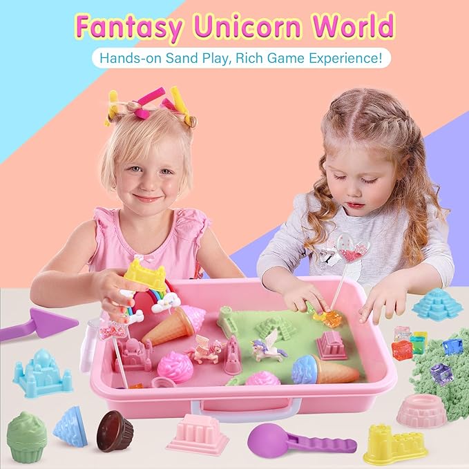 Unicorn Sensory Sand Kit for Girls Ages 3-8 – 2.2lbs Colorful Play Sand, Unicorn Toys, Castle & Ice Cream Molds, Tools & Sandbox with Lid – Great Christmas & Birthday Magic Sand Gift for Toddlers 3-5
