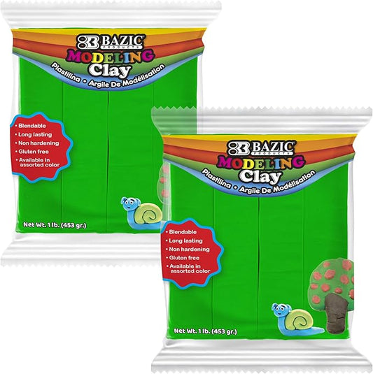 BAZIC Modeling Clay Green Color 1 LB, Light Dough Art Craft, Non Toxic Gift for Artist Kids Toddler Boys Girls, Bulk for Classroom, 2-Pack