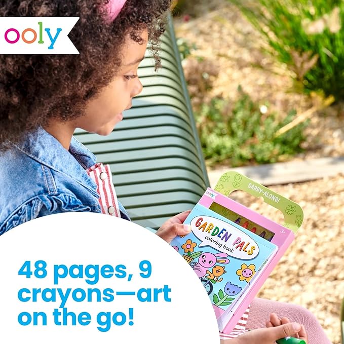 Ooly Travel Art Kit with 9 Jumbo Crayons, 48 Themed Coloring Pages & Case for Easy Traveling Art Creation, Perfect Airplane Travel Set to Entertain Kids - Garden Pals