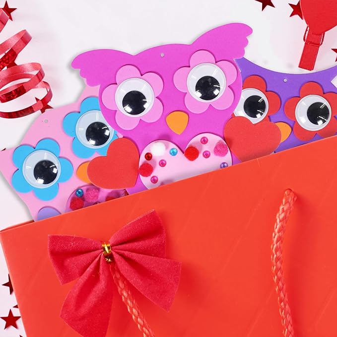 Winlyn 24 Sets Valentine Decorations DIY Heart Owl Ornaments Valentine Craft Kit Valentine Owl Art Sets Hearts Foam Valentine Stickers for Kids Valentine's Day Party Classroom Activities Gift Exchange