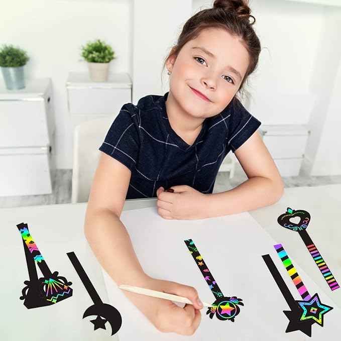 WATINC 30Pcs Fairy Stick Scratch Paper Art Set for Girls Birthday Party, Colorful DIY Craft Kit for Princess Party Favors, Fairy Wand Supplies, Fun Home Activities, Birthday Gifts for Kids