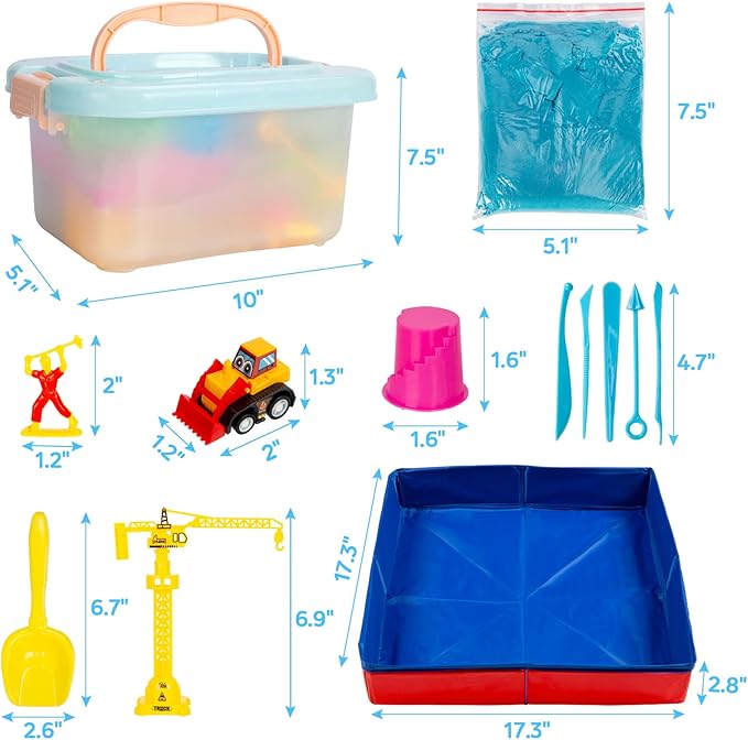 ThinkMax Sand Kit for Kids, 3lbs Sand, 6 Mini Construction Trucks, Construction Toys and Signs, Castle Sand Molds Tools, Foldable Box and Storage Bin Tote, 43PCS Sand Set for Boys Grils