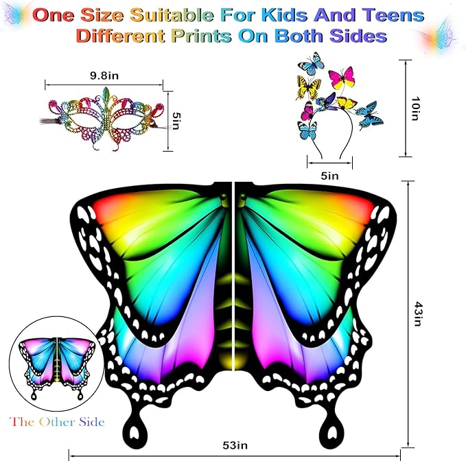 Butterfly Wings For Girls, Double-Sided Fairy Wings, Halloween Costumes for Kids, 3PCS Butterfly Cape Set.