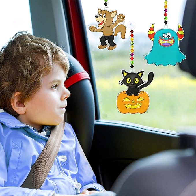 Winlyn 30 Sets Halloween Suncatchers Ornaments Decorations DIY Window Paint Art Suncatchers Halloween Craft Kits Jack-O'-Lantern Ghost Spider Sun Catchers for Kids Classroom Activities Art Project