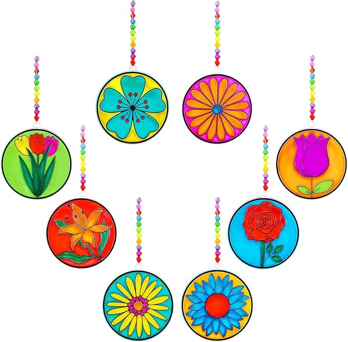 Winlyn 24 Sets Spring Flower Suncatchers Ornaments Decorations DIY Window Paint Art Suncatchers Spring Craft Kit Suncatchers Painting Kits for Kids Classroom Spring Activities Art project Party Favors