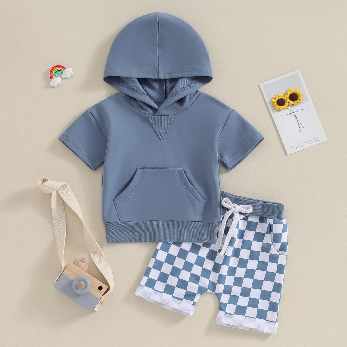 Toddler Baby Boy Summer Hooded Outfit Contrast Color Short Sleeve T Shirt Top Elastic Shorts Summer Clothes Set