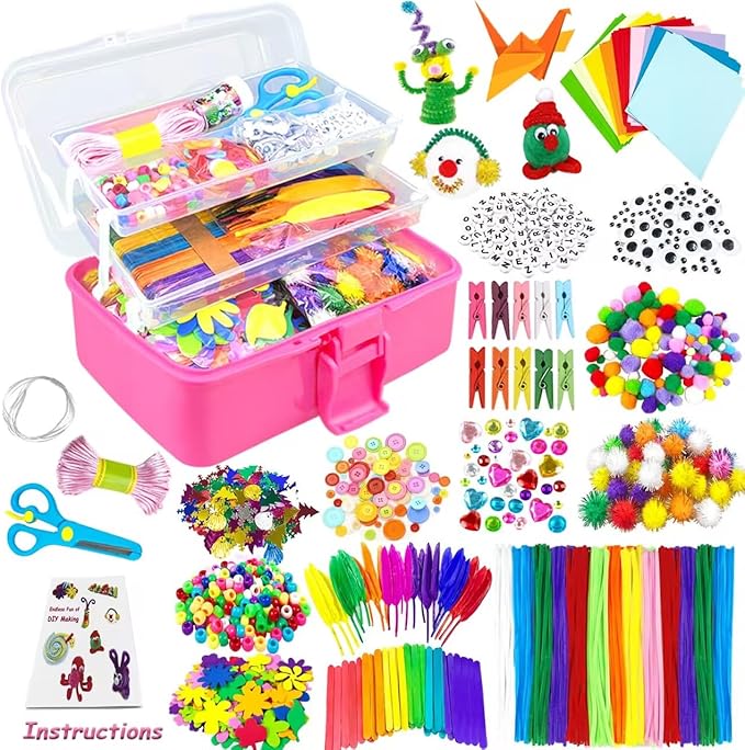 VLUSSO Arts and Crafts Supplies for Kids DIY Craft Kits Art Supplies Materials Kids Crafts Set with Pipe Cleaners Craft Box Preschool Homeschool Toys Gift for Kids Boys and Girls Age 4 5 6 7 8