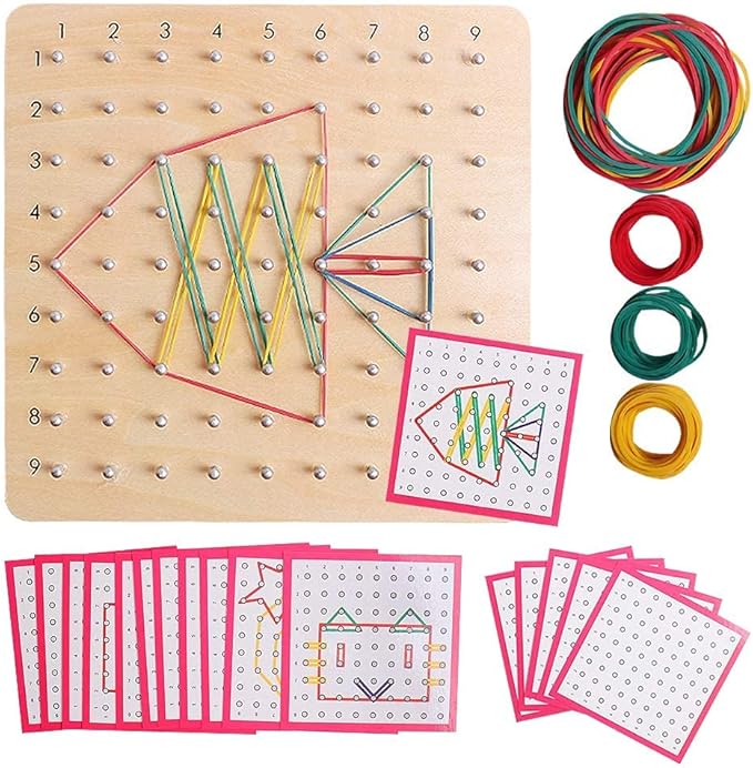 Skrtuan Wooden Geoboard with Rubber Bands, Montessori Educational Toy for Kids, Pattern Block Geo Board with Pattern Cards and Rubber Bands Create to Figures Shape STEM Puzzle Matrix Brain Teaser