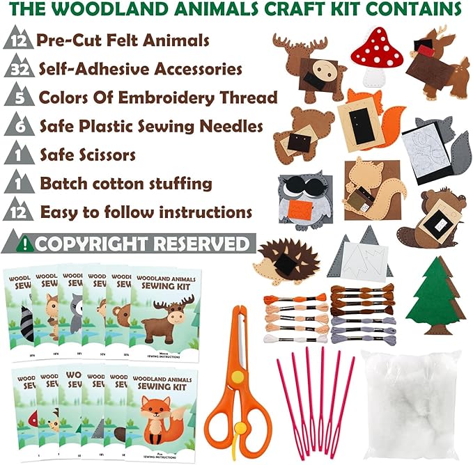 CiyvoLyeen Woodland Animals Craft Kit Kids DIY Crafting and Sewing Set Woodland Animals Felt Plushie for Girls and Boys Educational Beginners Sewing Set Sewing Kits for Kids Age 8 9 10 11 12